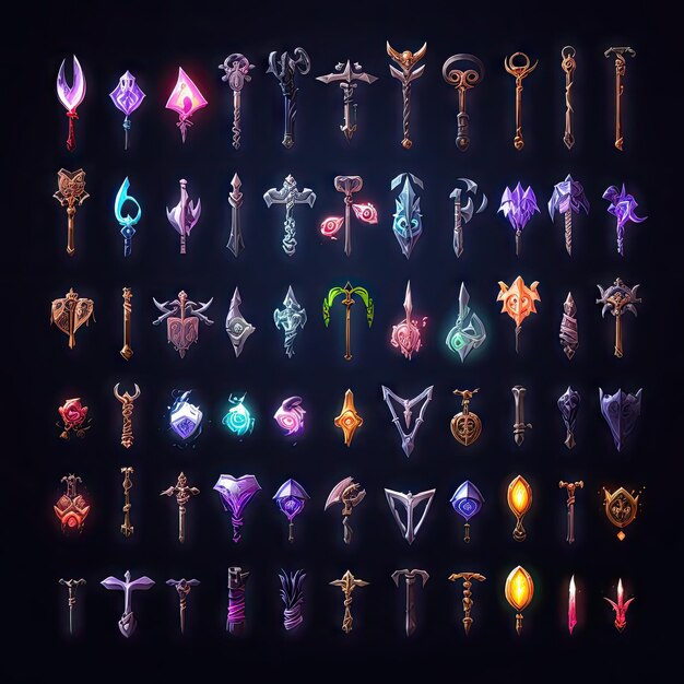 game assets Spritesheet of weapons swords bows shields and staffs 3d and 2d glowing