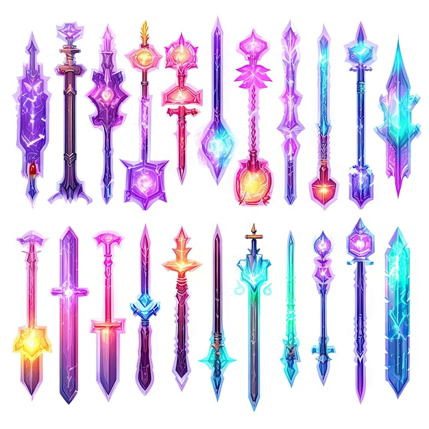 game assets Spritesheet of weapons swords bows shields and staffs 3d and 2d glowing