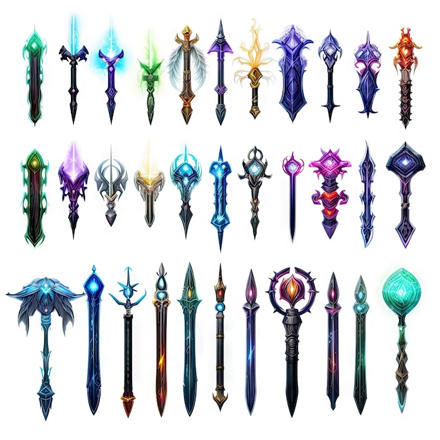 game assets Spritesheet of weapons swords bows shields and staffs 3d and 2d glowing