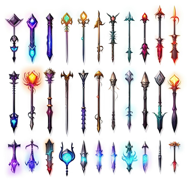 game assets Spritesheet of weapons swords bows shields and staffs 3d and 2d glowing