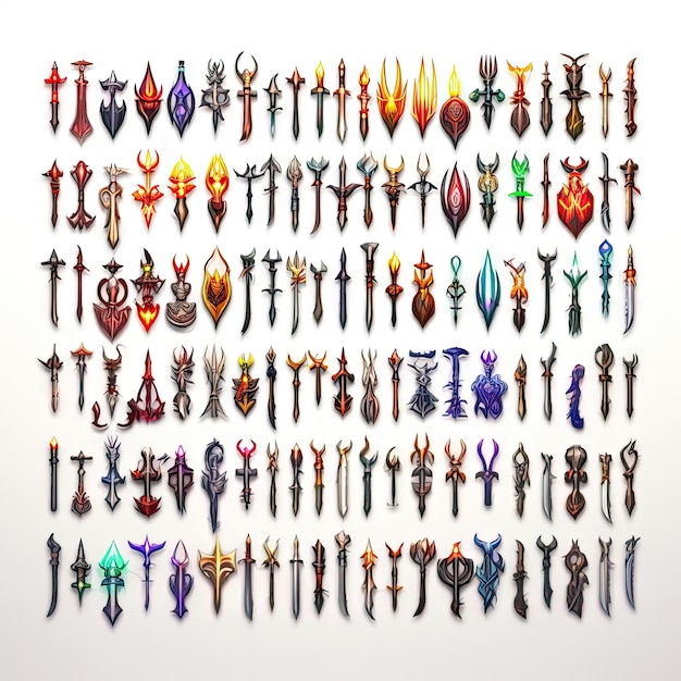 game assets Spritesheet of weapons swords bows shields and staffs 3d and 2d glowing