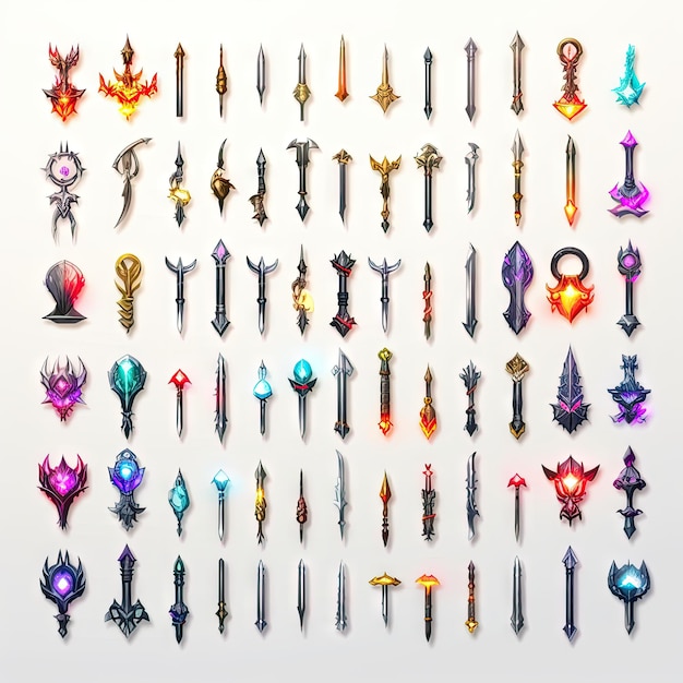 game assets Spritesheet of weapons swords bows shields and staffs 3d and 2d glowing