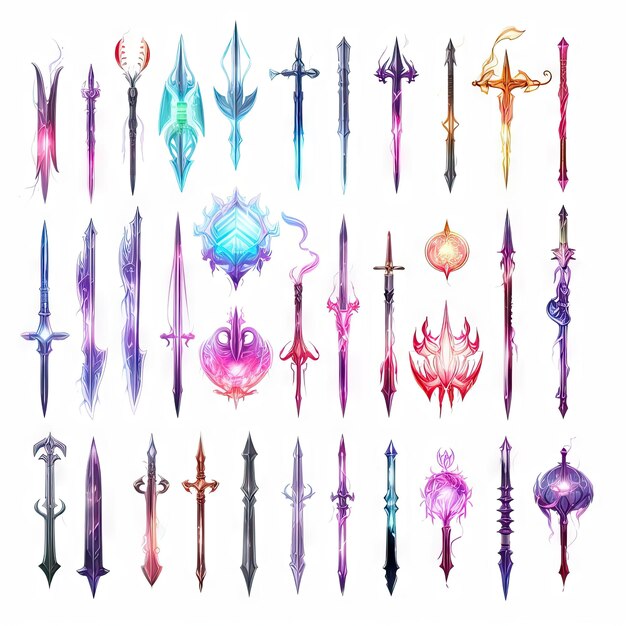 game assets Spritesheet of weapons swords bows shields and staffs 3d and 2d glowing