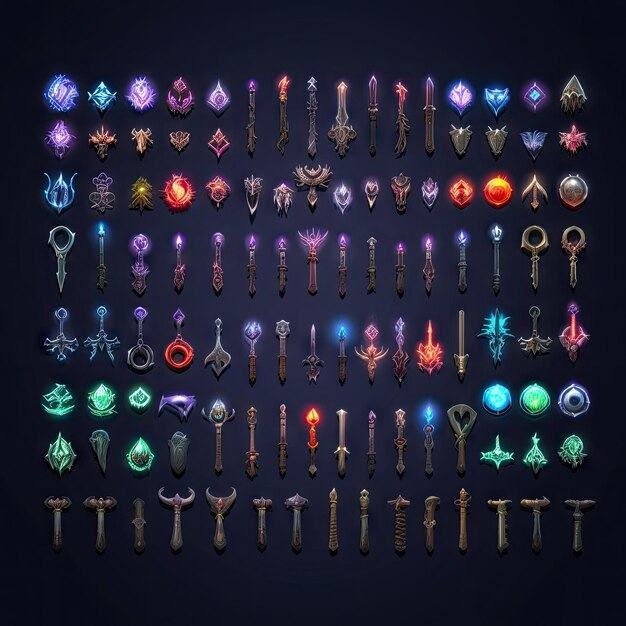 game assets Spritesheet of weapons swords bows shields and staffs 3d and 2d glowing