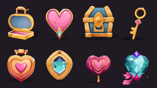 Game cartoon icon set with heart shaped elements Modern illustration kit with assets closed lock key chest and coin with heart diamond decoration Golden items with gemstones theme