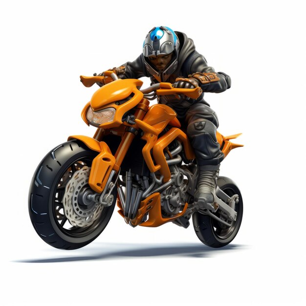 Photo game character riding motorcycle 3d render in precisionist style