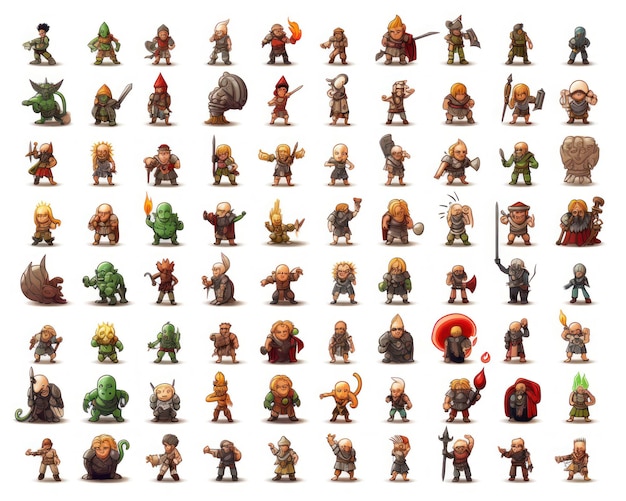 Game character sprite sheet NPC illustration isolated on white game design reference