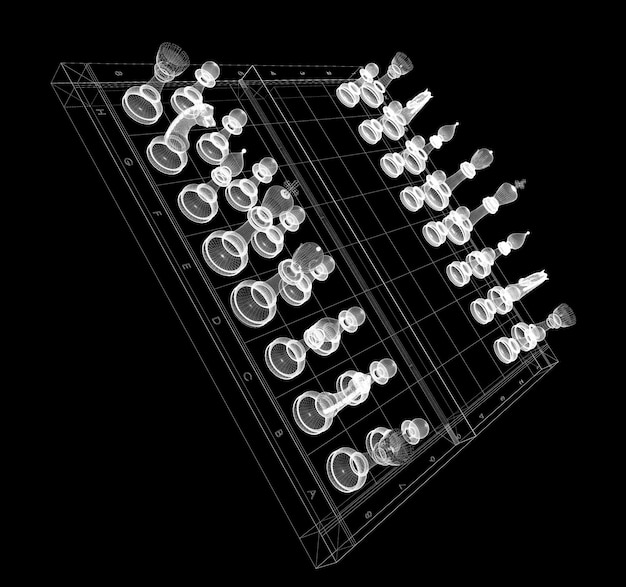 Game of chess on the board frame wire model