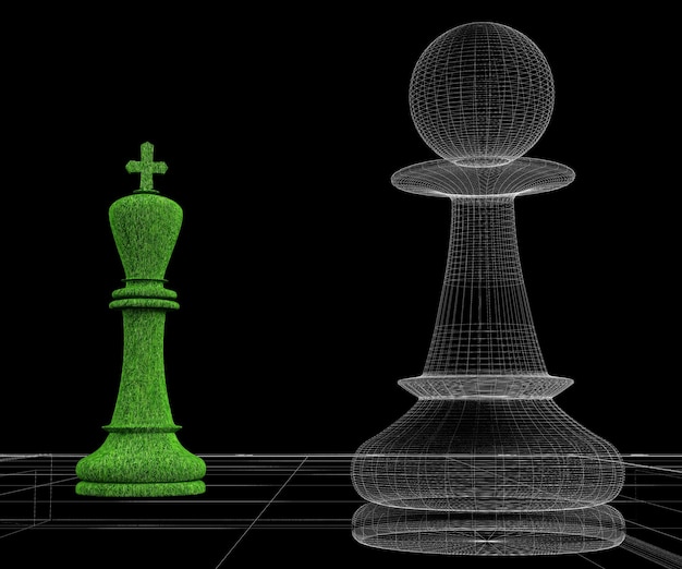 Game of chess on the board frame wire model