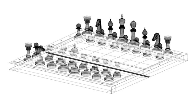 Игра в шахматы на доске каркасной проволочной модели