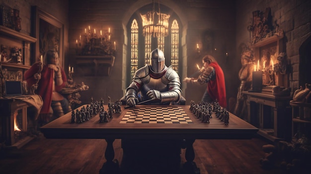 A game of chess with a knight in a knight suit playing chess.