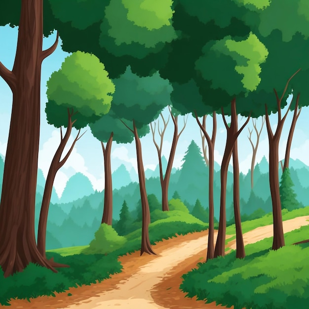 Game concept art of an oak forest location with a path into a pine forest background gc style book storytell fairytale