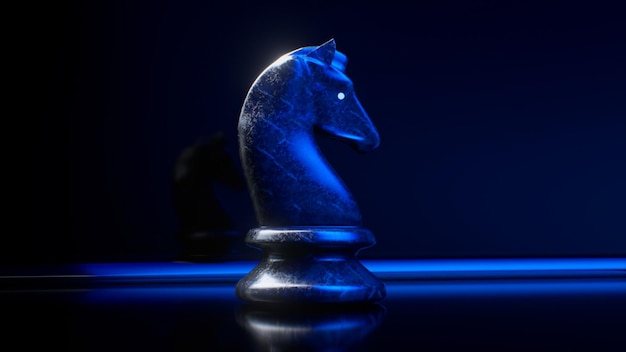 Game concept dark marble chess knight blue neon light d illustration