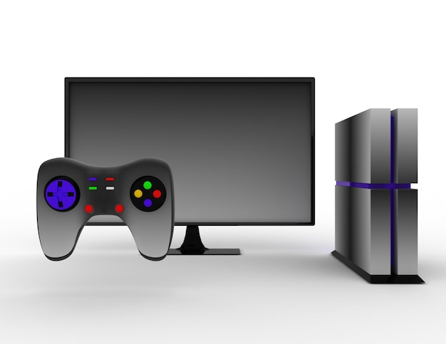 game console with tv . 3d rendered illustration