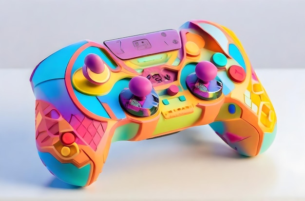 A game controller with a handle and buttons that are painted in a vibrant array of colors