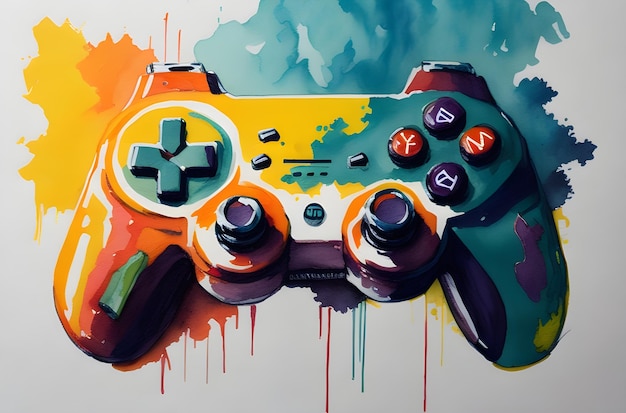 A game controller with a handle and buttons that are painted in a vibrant array of colors