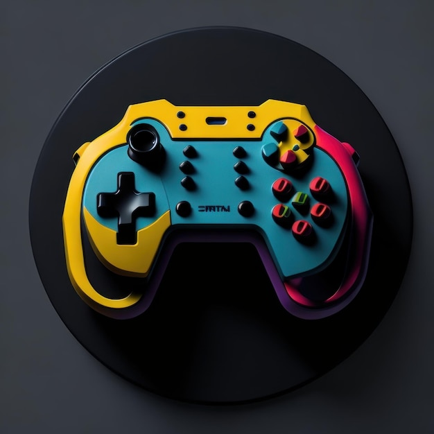 A game controller with a yellow, blue, and red controller on a black background.