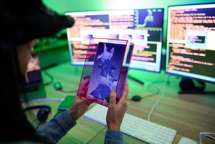 Photo game developer and coding person with metaverse character development and programming futuristic technology computer screen and hands of data creative or creator in the digital web or internet