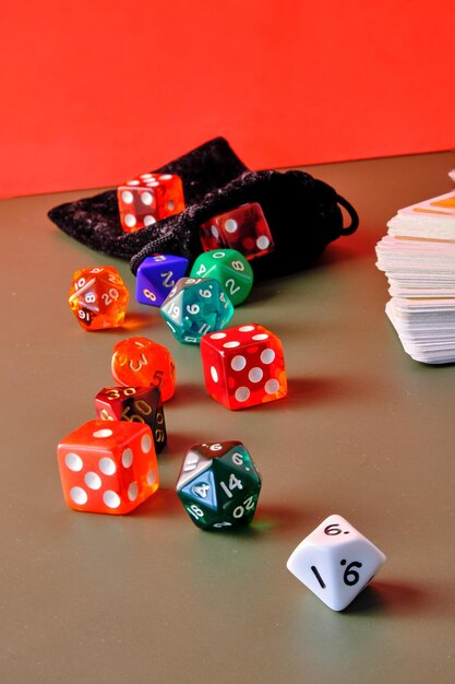 Game of dice to play role-playing of different colors on a table.