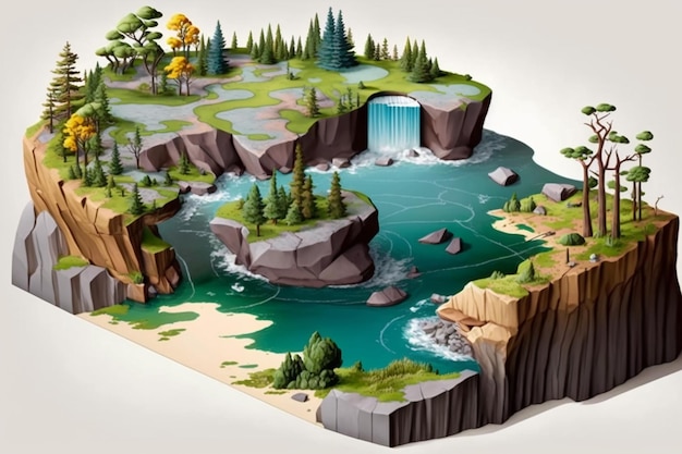 A game of fantasy with a waterfall and trees on it.