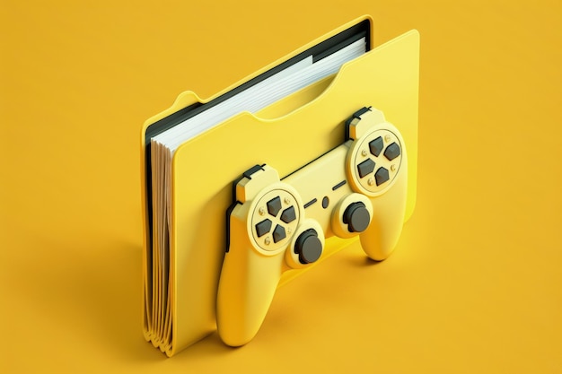 Game folder file folder with video game controller icon in the middle isolated yellow background ai