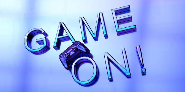 Game on font hand write lettering blue violet abstract vintage color background wallpaper logo decoration ornament joystick control interface cyber meta verse technology online digital3d render