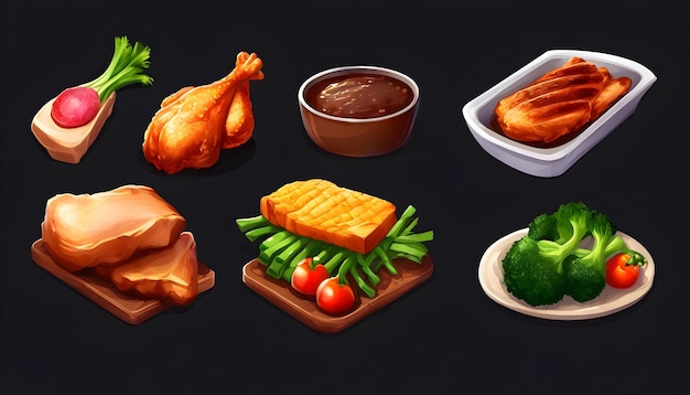 Game icons featuring food and vegetables on black background