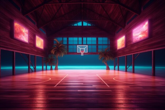 Photo game indoor basketball match corridor empty interior light background hall neon arena generative ai