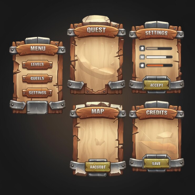Photo game interface with wooden textured medieval theme elements