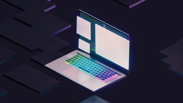 Game Laptop computer glow color light with window screen on dark graphic background isometric view image 3D illustration rendering