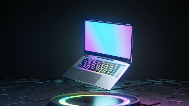 Gioco computer portatile con luce colorata bagliore su sfondo scuro rendering di illustrazioni 3d