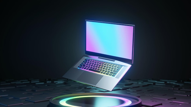 写真 暗い背景の 3 d イラストレーション レンダリングにグロー色の光とゲームのラップトップ コンピューター