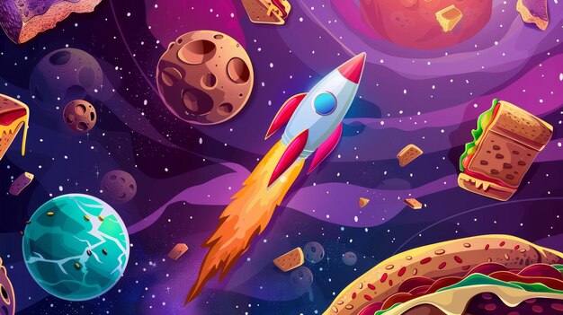 Game level kaart met pizza chocoladeburger en brood texturen in een grappig universum met buitenaardse planeten