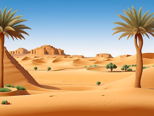 Game level landscape of african desert with oasis catton illustration