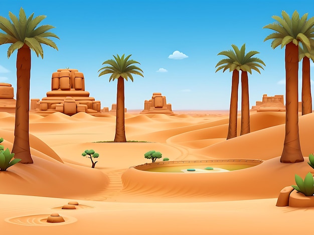 오아시스 카튼 일러스트를 사용한 아프리카 사막의 게임 수준 풍경