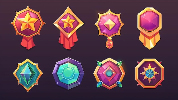 For game level rank user interface design with hexagon shape badge and star decorations Cartoon modern illustration set of red trophy medal or emblem with gemstones and drapes