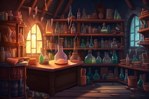 A game of magic potions in a room with a window that says'the secret'on it