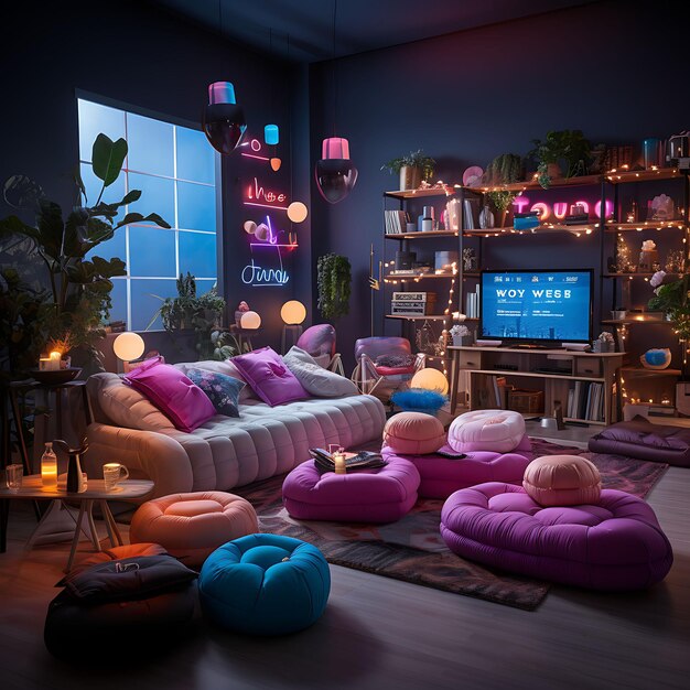 Foto game party unisex room met string lights en mood changing trending background room decorative