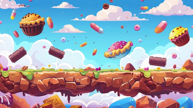 Game platform with sweets desserts chocolate and lollipops Arcade interface location with sweets desserts chocolate and lollipops Horizontal landscape for computer games fairy tale scene