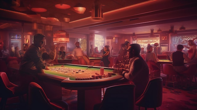 A game of poker is being played in a bar.