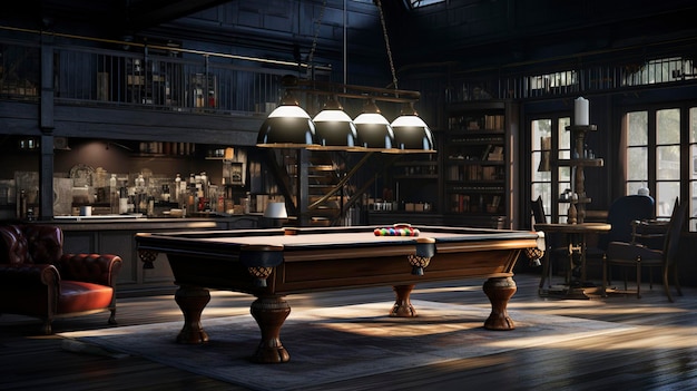 a game of pool is on a wooden floor with a large pool table in the middle