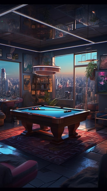 A game of pool in a room with a view of the city.