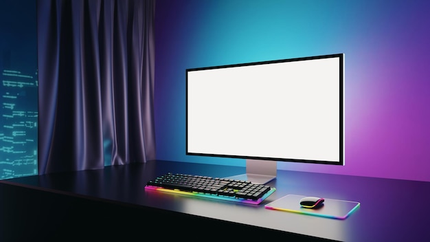 Game room computer desktop with blue pink lights on the background Modern PC computer white screen mockup gaming keyboard 3d rendering illustration