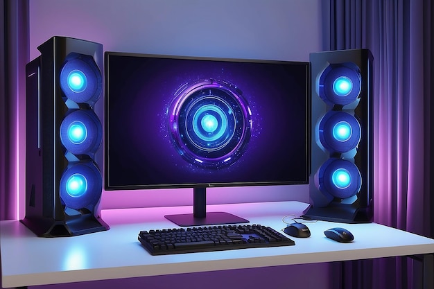 Настольный компьютер игровой комнаты с синими фиолетовыми огнями на фоне и занавеске