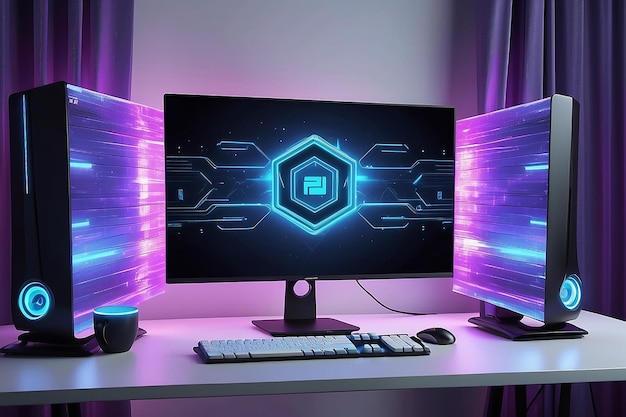 Game room computer desktop with blue purple lights on the background and curtain