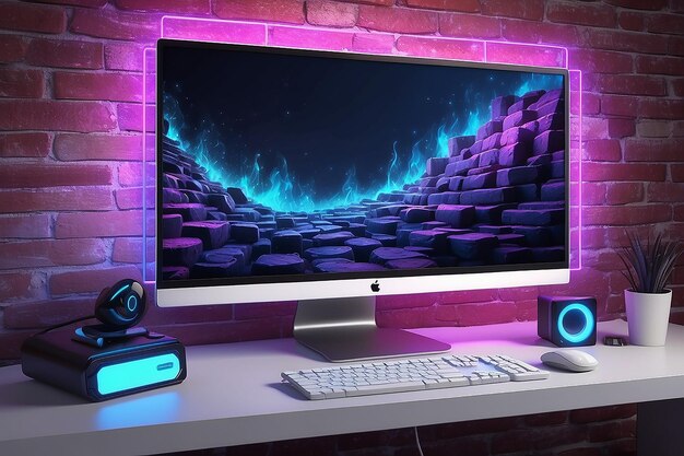 Game room computer desktop with blue purple lights on brick wall Modern PC computer white screen mockup