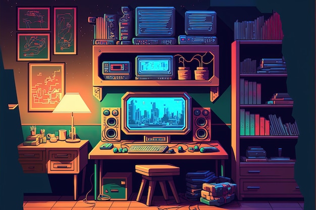 Photo game room with console, 80's style, pixel art. generative ai