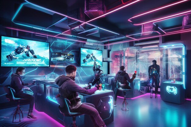 Premium Photo  Cyberpunk gaming room with neon light creative illustration  ai generate