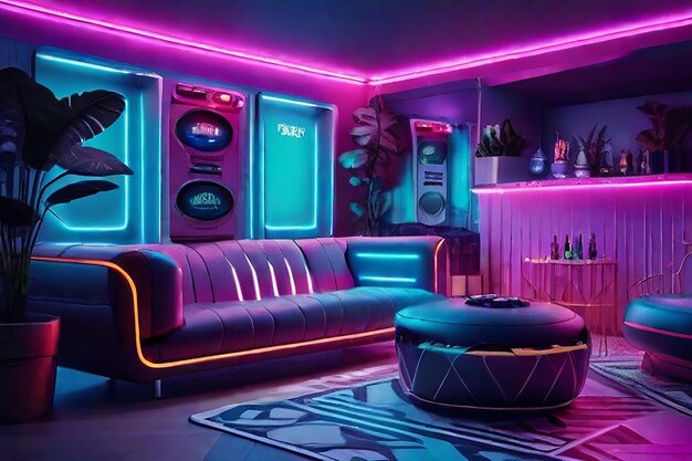 A game room with neon lights and couches