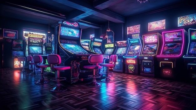 A game room with a pink chair and a red chair that says'casino'on it